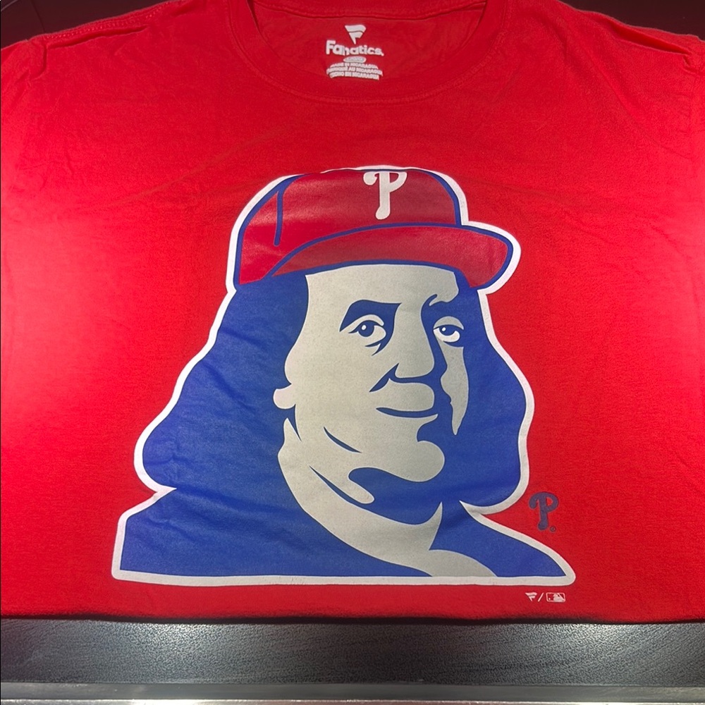 Phillies Red and Blue Short Sleeve Tee with Ben Franklin logo.